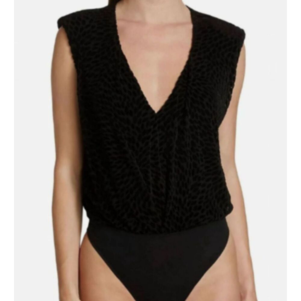 Ramy Brook Regina Black Velvet Printed Bodysuit Size XXS